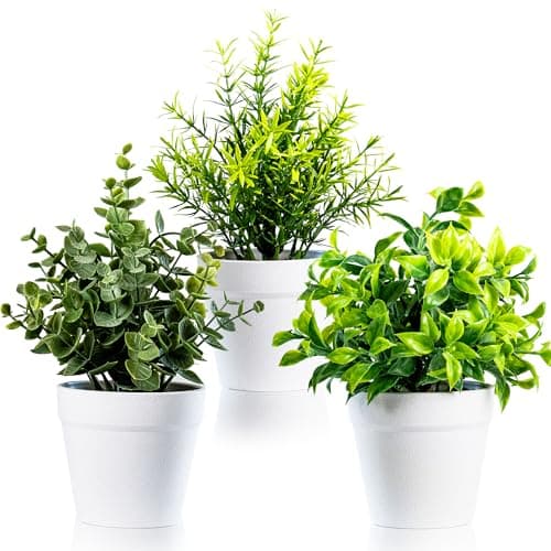 Image of TRNZ Decorative Artificial Plants Indoor in Pots Set of 3 - Plastic Fake Plants Indoor with Pot - Eucalyptus Rosemary Succulents Faux Plants for Wall Desk Bedroom Decoration Office