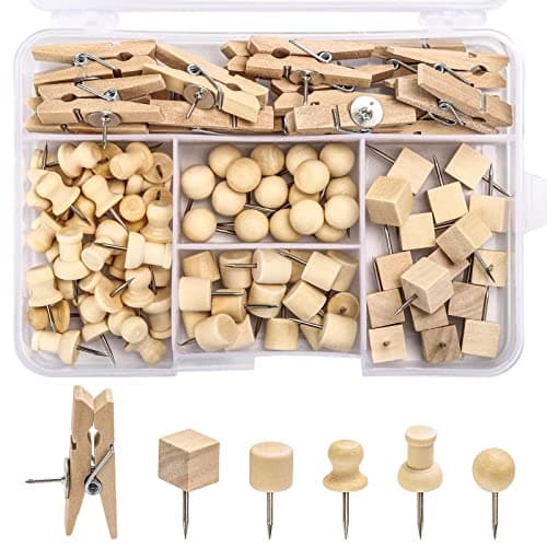 Image of 102 Pcs Wood Push Pins 6 Sizes Thumb Tacks for Wall Hangings Corkboard Office or Home