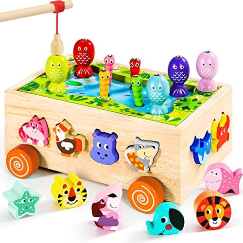Image of Montessori Sensory Toddler Toys, Toys for 2 3 Year Old Boys Girls, Wooden Fishing Game Car Fine Motor Skills, Birthday Gifts for 2 3 Year Olds, 6 in 1 Shape Sorter Learning Toys, Easter Gifts for kids