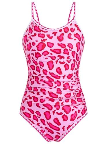 Image of XiaoMoSha Swimming Costume Girls One Piece Bathing Suit with Adjustable Straps Color Contrast Trim for Teens Girls, 12-13 Years, Pink Leopard