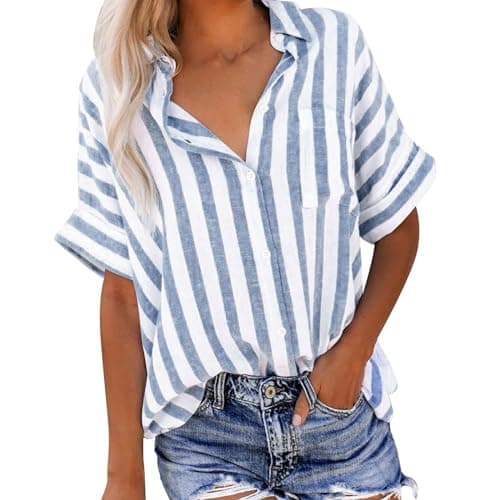 Image of My Order Womens Linen Shirts UK Short Sleeve Button Down Lapel Neck Tops Summer Casual Striped Print Blouses 2024 Fashion Loose Fit Tee Shirts Ladies Elegant Tops