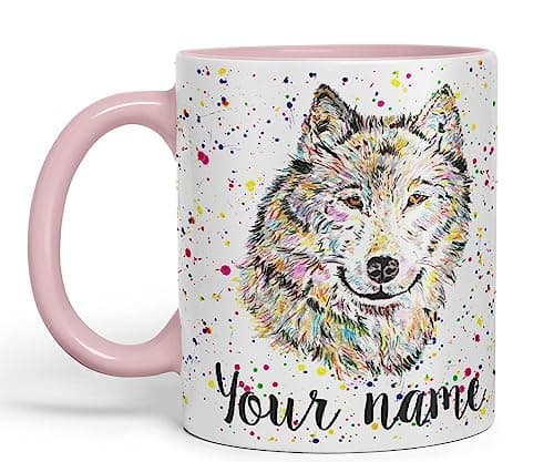 Image of Vixar Personalised with Your Text Wolf Wolves Wildlife Animals Watercolour Art Coloured Ceramic Mug Cup Gift 330ml 11oz Custom Work Office Tea Coffee (O2) (Pink)