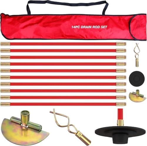 Image of Pro 30ft Drain Rod Set Kit in Carry Bag Professional Heavy Duty Unlock Plunger Worm Scraper Cleaning Rods Rodding 14 PC 9m Length