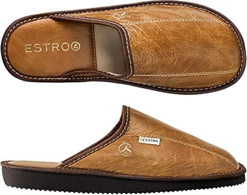 Image of ESTRO Mens Slippers Men House Shoes Leather Home Mule Men's Slipper Memory Sole RUST (9 UK, Camel)
