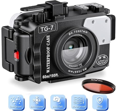 Image of Sea frogs Camera Body Compatible with Olympus TG-7 with Red Filter, IPX8 Waterproof Rated, 60 m / 196 ft Depth Protection Underwater Camera Bag, Ideal for Diving, Surfing (Black)