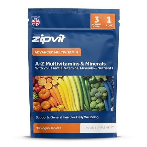 Image of Zipvit A-Z Multivitamin Tablets for Men & Women, 25 Essential Vitamins & Minerals, Extra Support for Energy, Heart, Immunity & Mental Performance, 90 Vegan Tablets, 3 Month Supply, Eco-Friendly Pouch