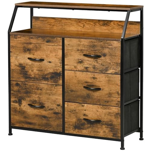 Image of HOMCOM Industrial Storage Cabinet, Fabric Chest of Drawers with Display Shelves, 5 Drawers Storage Unit for Living Room, Rustic Brown