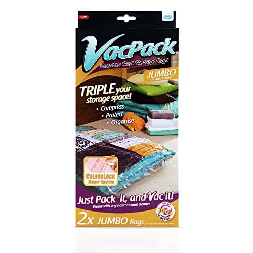 Image of JML VacPack Vacuum Storage Bags – Space Saver for Clothes, Bedding & Travel, Extra Large Vac Bags with Airtight Seal, Works with Any Vacuum Hose, Pump or Vac Pack Go, 85L x 55W x 1.5H cm, Jumbo x2