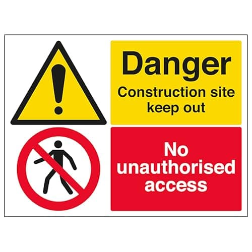 Image of V Safety Danger Construction Site Keep Out/No Unauthorised Access 400 x 300 mm - 1mm Rigid Plastic Safety Sign