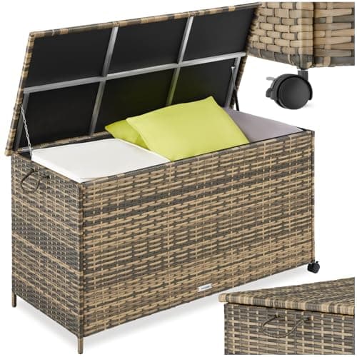 Image of tectake® Rattan Garden Storage Box in UV-Resistant Polyrattan, 253L Outdoor Storage Box with Lockable Swivel Wheels, Aluminium Frame & Gas Spring, Balcony, Patio & Garden Cushion Storage - Nature