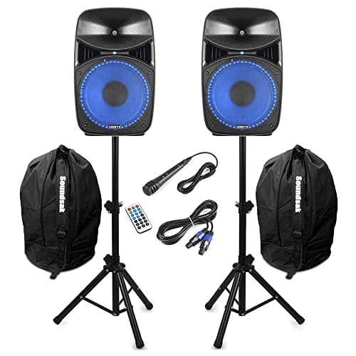Image of Vonyx VPS152A 15" Bluetooth Active Party Speaker System with LED Light Show, Speaker Stands, Wired Microphone & Protective Carry Bags for Home Parties, Gatherings & Events