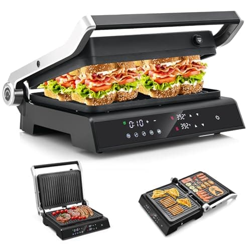 Image of COSTWAY 3 in 1 Electric Health Grill & Panini Press, 5 Auto Modes Sandwich Toaste Maker with Non-Stick Coated Plates, LED Touch Panel, Temperature Control, 4H Timer & Drip Tray (Tempered Glass Top)