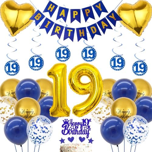 Image of 19th Birthday Balloons Decorations for Boys - 44 Pieces 19 Year Old Party Supplies with Number 19 Balloon Hanging Swirls, 19th Happy Birthday Banner Blue Gold Cake Topper