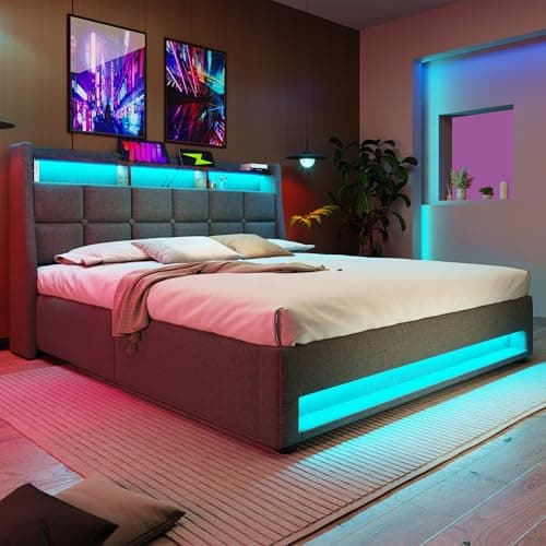 Image of Upholstered Ottoman Bed with Hydraulic Lift & LED Storage Headboard, 4ft6 Double Bed Frame with LED Lighting & Charging Station, Grey Linen Fabric Functional Gas Lift Up Storage Beds, No Mattress
