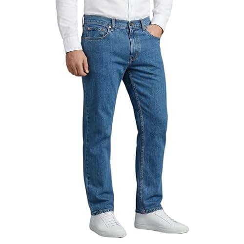 Image of Mens Denim Jeans Straight Leg Regular Fit Trousers – Classic 5 Pocket Work Pants with Zip Fly – Casual Everyday Cotton Mix Denim Jeans Light Blue 40/27