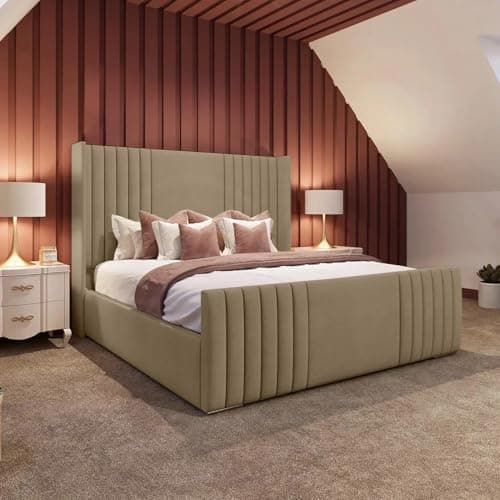 Image of AL SULTAN 5FT King Luxury Upholstered Winged Bed With Wingback Headboard In Plush Velvet Mink Bed Wooden Slats - No Mattress - No Storage (Mink Plush, 5FT King Bed Frame Only)