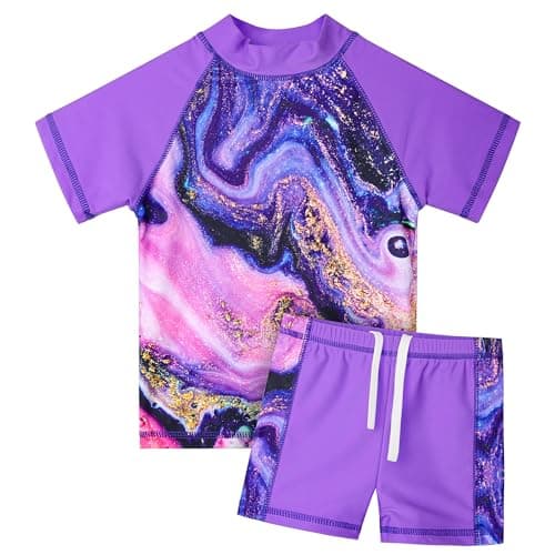 Image of HUAANIUE Girls 2PCS Swimsuit 3-11Y Swimming Set Short Sleeve Swimwear Summer Beach Swimming Costume Outfit Sun Suit(AgatePurple,12A