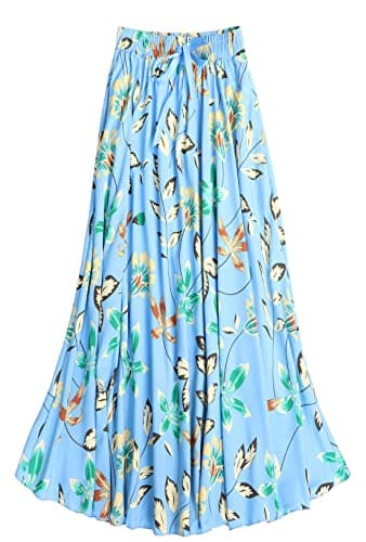 Image of Coolwife Womens High Waist Skirts Midi Swing Pockets Elastic Waist A Line Boho Floral Print Skirt (Lily Sky Blue)