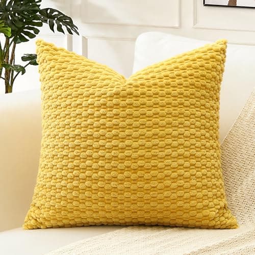 Image of Artscope Pom Poms Decorative Corduroy Cushion Cover 45x45cm Super Soft Boho Striped Square Pillow Covers Case Geometric for Sofa Couch Bedroom Car Decor Set of 1, Mustard Yellow