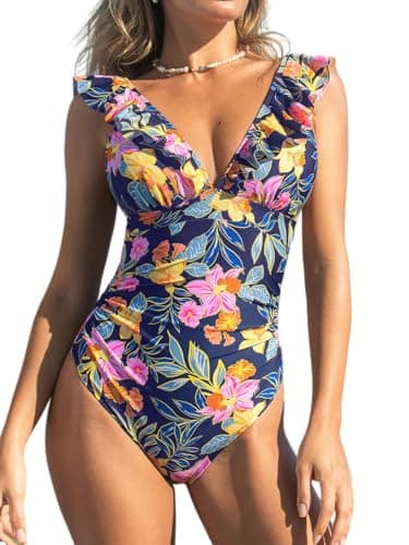 Image of CUPSHE Women's One Piece Swimsuit Ruffled Lace Up Beach Swimwear Tummy Control Bathing Suit Swimming Costume Pink/Yellow/Blue M