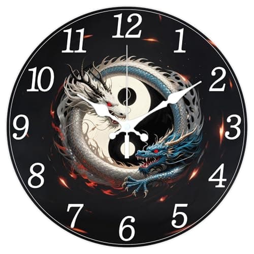 Image of CHGCRAFT Yin Yang Dragon Pattern Wall Clock 12 Inch Non-Ticking Clocks Round Tai Chi Pattern Wall Hanging Clock Battery Operated for Bedroom Living Room Kitchen Office