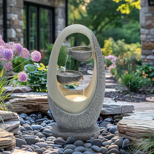 Image of CHARLES BENTLEY 2 Tier Water Feature, UV Resistant, Weather Resistant, Mains Powered, Plug Included, Frost Resistant, Warm White, Water Fountain, Built In LED Lights, Oval Design (59.5x30x23.5cm)