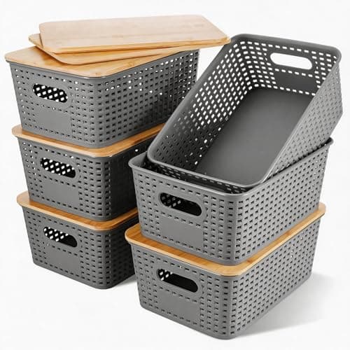 Image of Huiguli 6 Pack Plastic Storage Boxes with Bamboo Lid, Wicker Stackable Storage Baskets with Lids, Food Storage Containers with Lids for Kitchen, Bathroom, Office (Grey)