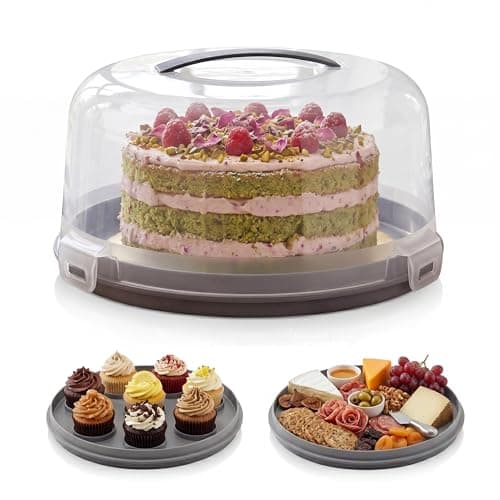 Image of GEEZY 2-in-1 Plastic Cake Carrier 11" - Secure Dessert Storage, Reversible Base for 7 Cupcakes, Transparent Dome Lid - Great for Parties, Dessert Transport, Picnic Baking, Kitchen Organization
