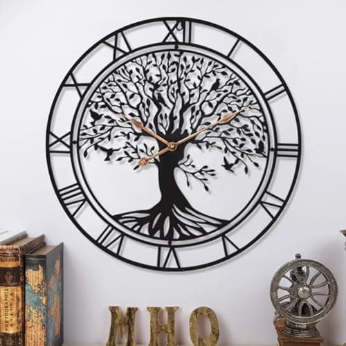 Image of SIN&MI Large Tree of Life Clock Metal Black Wall Art Big Wall Clock Home Decor Living Room Clocks with Numbers Silent Mid-Century Modern Family Tree Clock Wall Spring