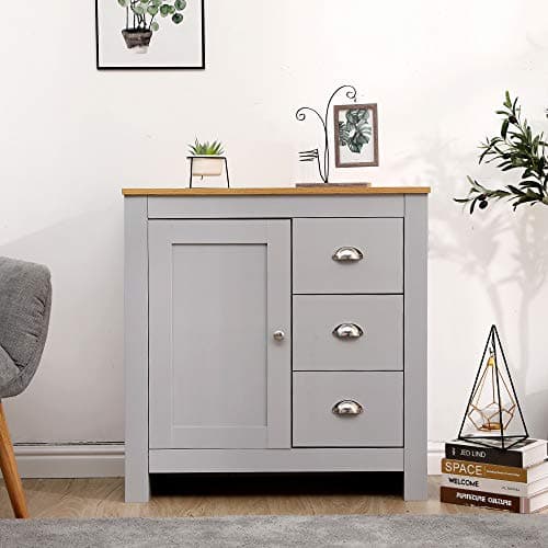 Image of FurnitureHMD Sideboard Cabinet Storage Cupboard with Door&Drawer Organizer Unit for Living Room,Hallway,Kitchen (grey and oak)