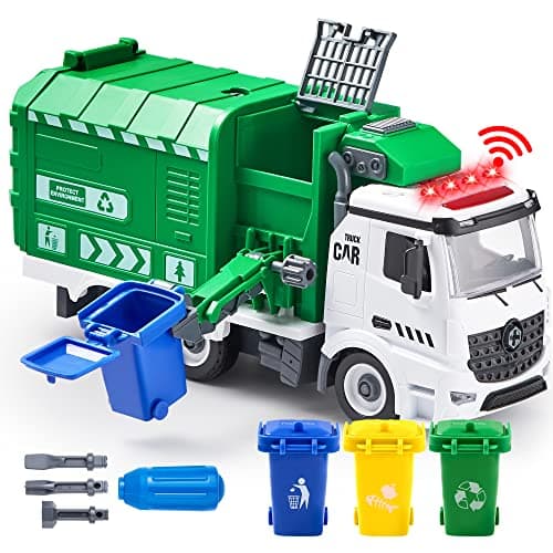 Image of JOYIN Garbage Truck Toy with Light and Sounds, Bin Lorry Toy for 3 4 5 6 7 8+Years Old Boys, Large Take Apart Friction Powered Side-Dump Recycling Truck Toy, Birthday Gifts for Boys & Girls (Green)