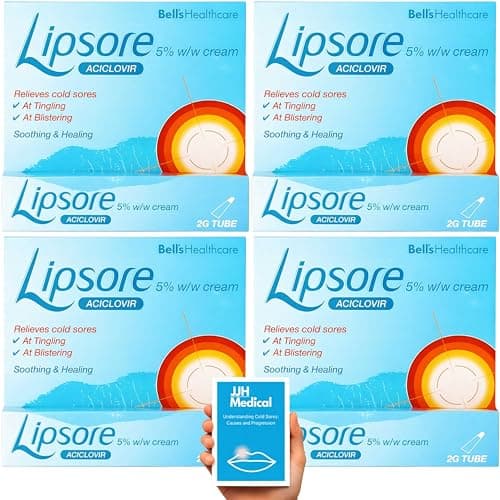 Image of 4 x Cold Sore Cream 5% Aciclovir, Fast Acting Treatment for Cold Sores and Mouth Ulcers, Includes JJH Guide, 4 Packs x 2g