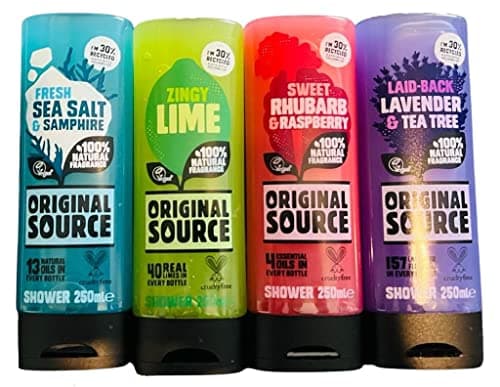 Image of ORIGINAL SOURCE SHOWER GEL SET 4X250ML NEW FRAGRANCE FRESH SEA SALT & SAMPHIRE, ZINGY LIME, SWEET RHUBARB & RASPBERRY, LAID-BACK LAVENDER & TEA TREE BODY WASH TREE, COMBO PACK