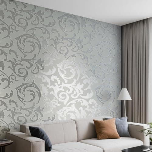 Image of Anttyscar Embossed Grey Wallpaper Feature 3D Abstract Silver Glitter Curves Wallpaper, Retro Leaf Textured, for Bedroom Living Room TV Backdrop