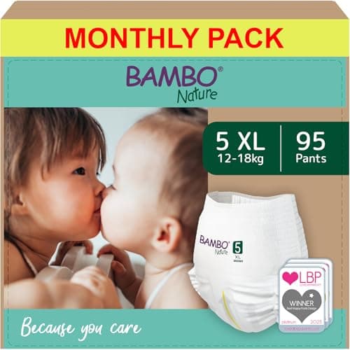 Image of Bambo Nature Premium Training Pants, Size 5 (12-18 kg), XL, 95PK, Pull Ups, Eco-Labelled Potty Training Nappy Pants, Secure, Comfortable, Discreet for Active Day and Comfy Night's Sleep