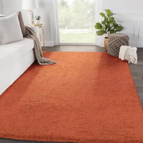 Image of SOANNY Rugs Living Room, Orange Soft Fluffy Shaggy Solid Carpet for Bedroom Dorm Bedside Lounge Office, Non-Slip, Machine Washable, Throw Rug for Home Decor, 120x170cm