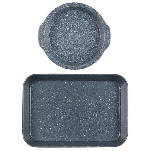 Image of Russell Hobbs COMBO-7557A Roasting Pan & Cake Tin Set, Non-Stick Carbon Steel Oven Trays, Tall Deep Sides, PFOA-Free, Easy Clean, Cooking Set, Nightfall Stone Collection, Blue Marble, 26/40 cm