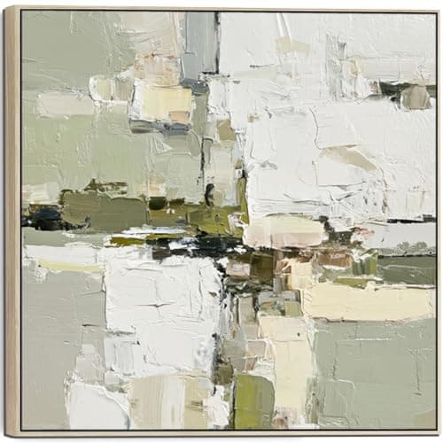 Image of Wallfillers Abstract Green White Painting - 2 - Framed Contemporary Canvas Art (100cm x 100cm)
