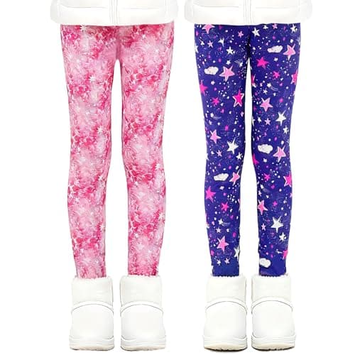 Image of VilyR Girls Fleece Lined Leggings 2 Pack Kids Printed Thick Warm Pants,Pink Star River/Blue Star River,6-7Y