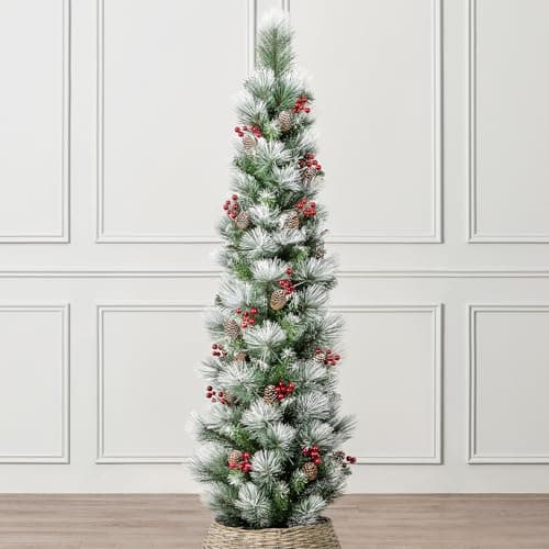 Image of Christow 5ft Pencil Christmas Tree with Snow Pine Cones & Berries, Luxury Artificial Slim Spruce Indoor Home Decoration with Stand, Natural Looking PE & PVC Needles (tree skirt not included)