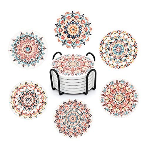 Image of STARUBY Drink Coasters Set of 6 Ceramic Coaster Beautiful Absorbent Coaster Drink Mat with Cork Base vintage Flower Patterns Round Coaster Non Slip for Coffee,Beer,Mug,Wine Glass Bottle,Home and Bar