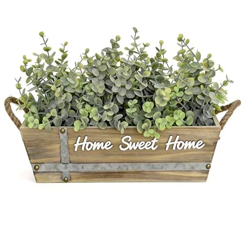 Image of HOPEME Artificial Eucalyptus Table Centerpiece in Wooden Box, Faux Greenery Arrangement with “Home Sweet Home” Sign, Jute Rope Handles, Farmhouse Rustic Home Décor