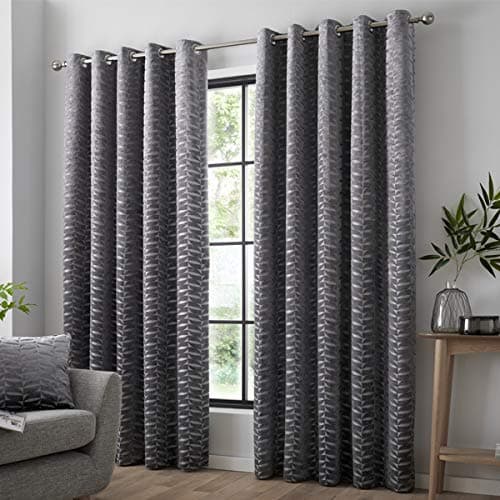 Image of Curtina Kendal Damask Geometric Textured Eyelet Lined Curtains, Charcoal, 90 x 90 Inch