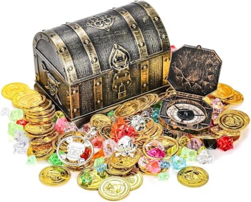 Image of Lawei 207 Pieces Kids Pirate Treasure Chest Toy Box Antique Color with 100 Colorful Gems 100 Plastic Gold Coins 4 Earrings 2 Rings 1 Compass for Boy Girl Halloween Pirate Themed Party Favors