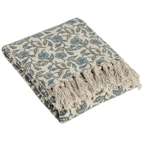 Image of Paoletti Delphine Floral Cotton Throw, 130 x 170cm, Delph Blue