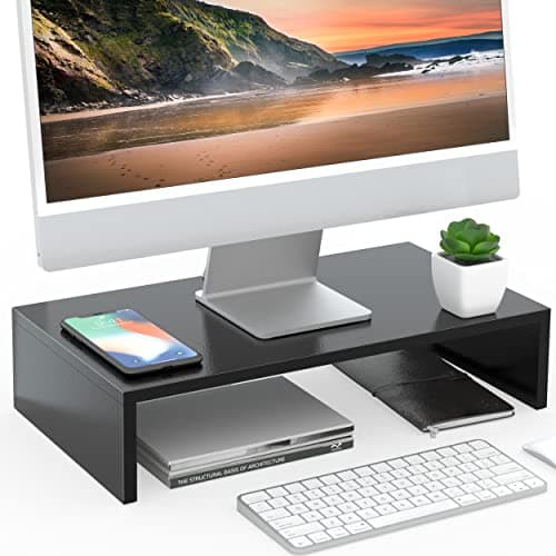 Image of FITUEYES Wood Monitor Stand PC Laptop Computer Screen Riser, Save Space Desk Organizer Stand 42.5x23.5x10cm, Max Load 20 kg,Black