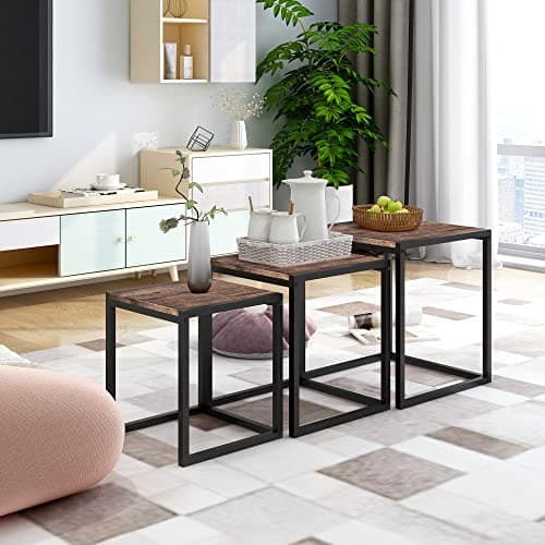 Image of DUMEE Nesting Tables Set of 3 Wooden Coffee Table, Stacking Side End Tables Steel Metal Frame, for Living Room, Black and Rustic Brown