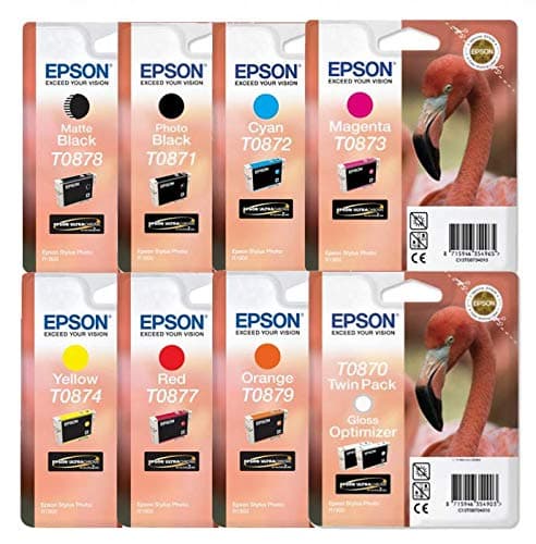 Image of FULL SET Epson inkjet - Comprising Gloss Optimiser Twin Pack T0870 - Photo Black T0871 - Matte Black T0878 - Cyan T0872 - Magenta T0873 - Yellow T0874 - Red T0877 - Orange T0879 - ink cartridge for photo stylus printer R1900 - loose pack