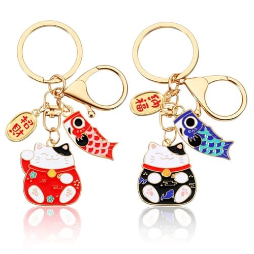 Image of Shimmeroo 2Pcs Cute Bag Charms, Lucky Cat Keyring Japanese Keychain for Wealth and Fortune Cute Lucky Fortune Cat Charm with Fish Accessories Japanese Gifts for Women
