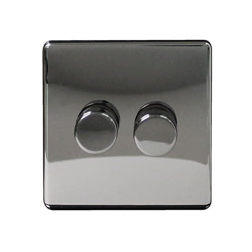 Image of Arlec Double Dimmer Metal Light Switch | Black Nickel Finish, Screwless Faceplate | 2 Gang, 2-Way, Push On/Off | 250w, Universal, Compatible with LED & Halogen Lamps | 85 x 85 x 43mm